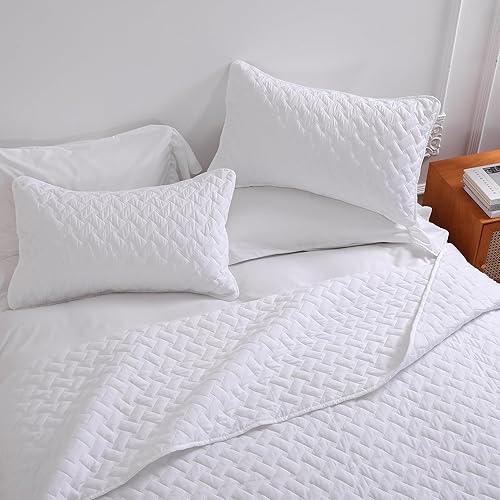 Miniatura 3 de DURLENGEN Juego de edredón blanco tamaño King de 3 piezas, moderno patrón de tejido de cesta, colcha y cubrecama ultra suave, juegos de colcha