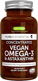 Igennus Vegan Omega-3 Natural Triglyceride Algae Oil, DHA & EPA Fatty Acid Supplement, 60 Small Softgels with Astaxanthin, Easy-to-Swallow, Pure & Sustainable, 30 Servings