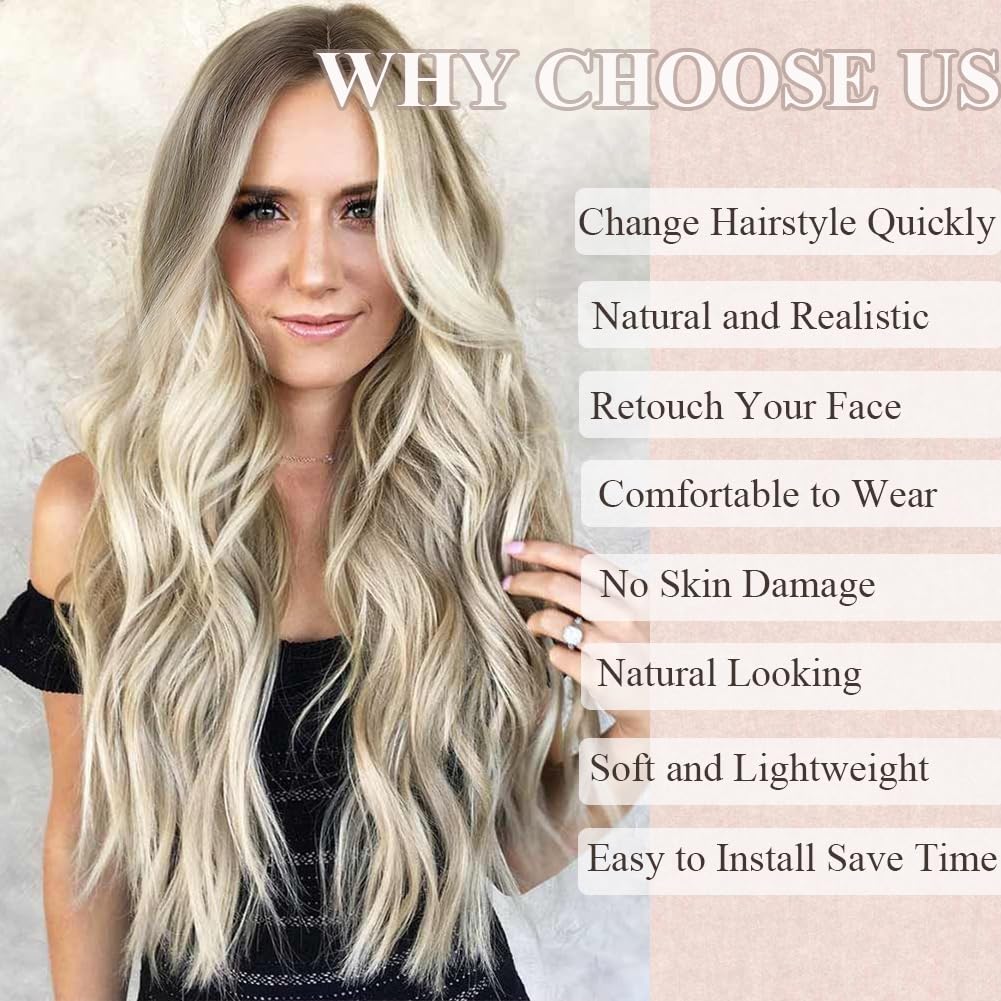 Colorful Quen 26 Inch Long Ash Blonde Wig for Women Ombre Blonde Highlight Wigs Middle Part Synthetic Lace Wig for Daily Cosplay Party Use