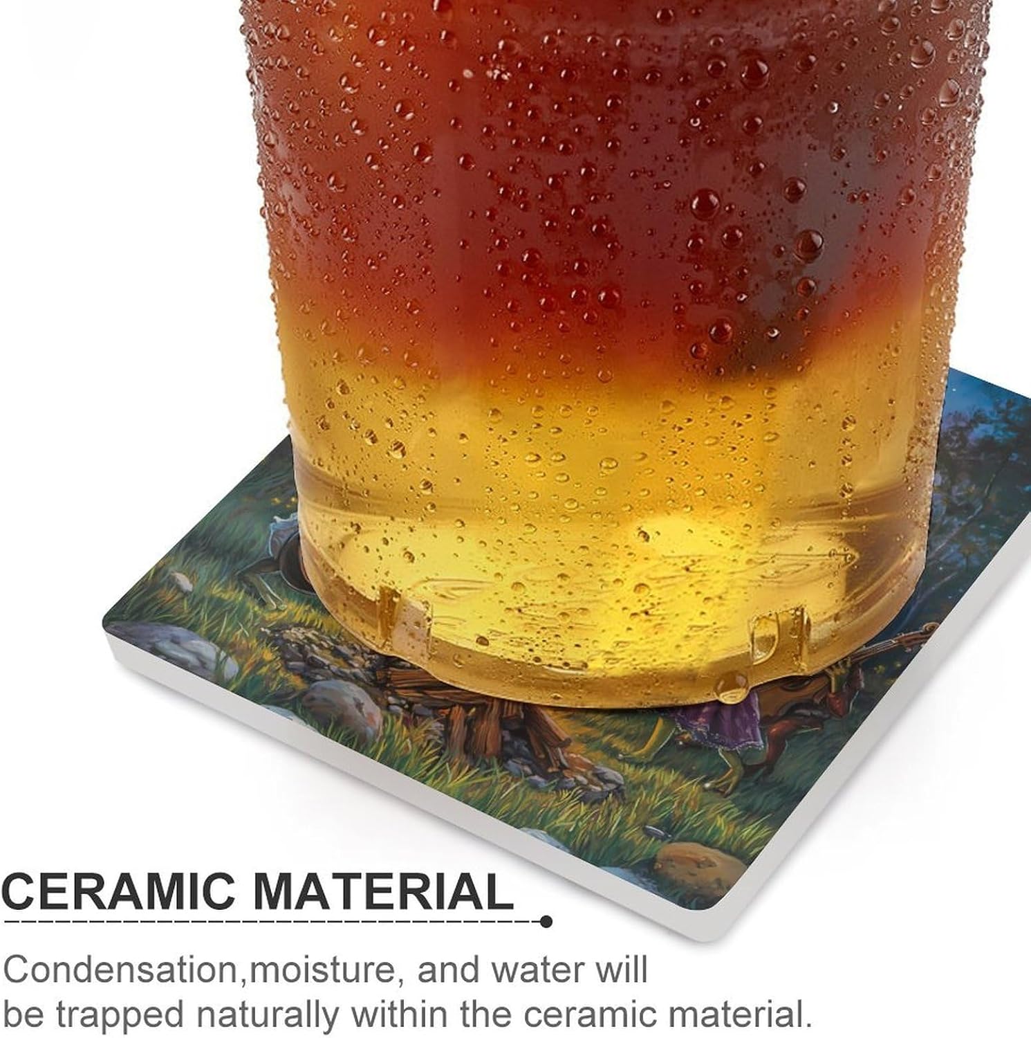 Frog Bonfire Party Under The Moon Coasters for Drinks Square Ceramic Coasters Cup Mats with Cork Base