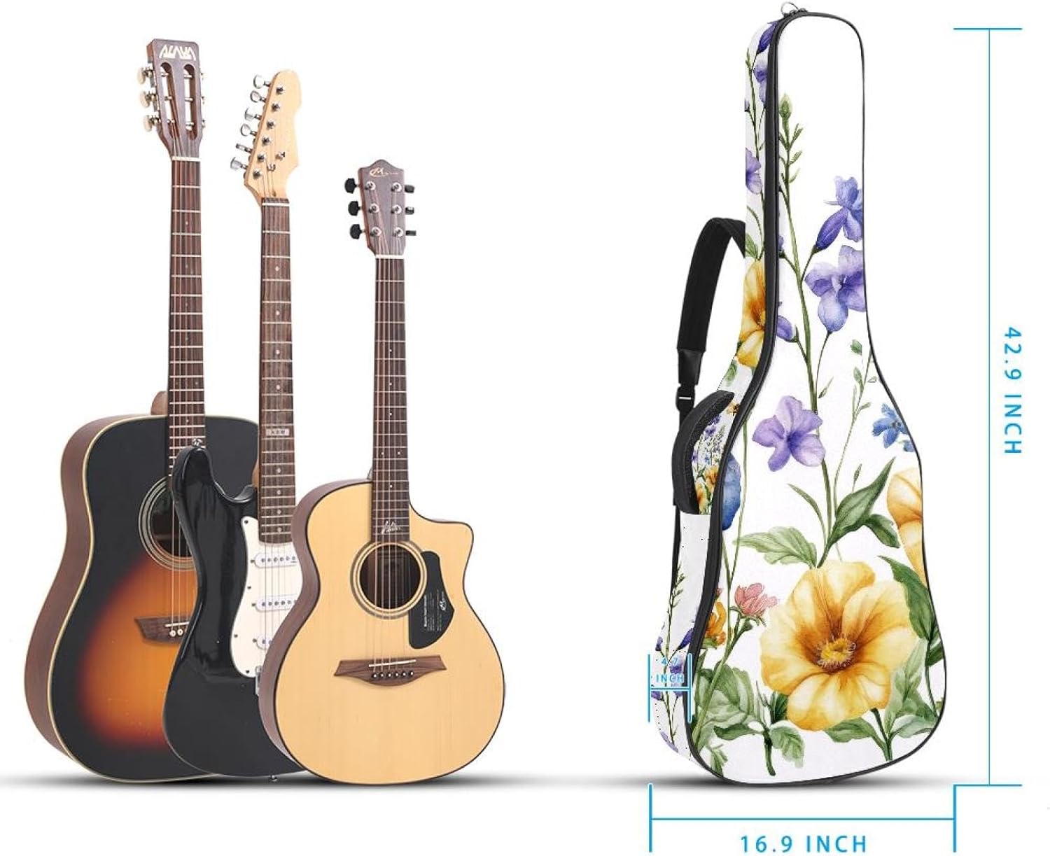 40 41 42 Inch Acoustic Guitar Bag, 0.4 In Thick Sponge Padded Guitar Case Gig Bag with Back Hanger Loop and 2 Pockets, Watercolor WildFlowers Leaves Butterflies