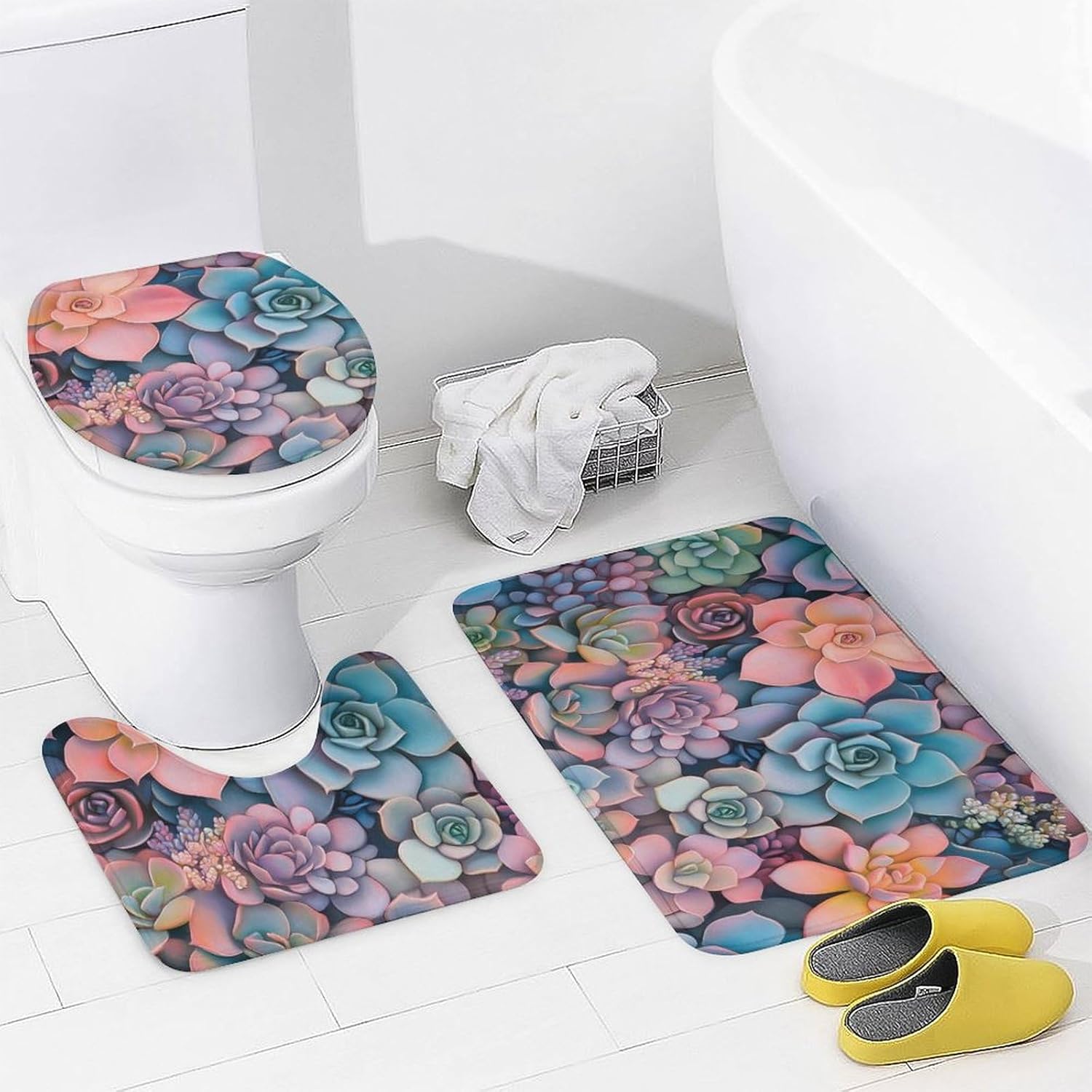 Colorful Succulents Bathroom Sets with Shower Curtain and Rugs 4 Piece with U-Shaped Floor Mat Toilet Lid Cover
