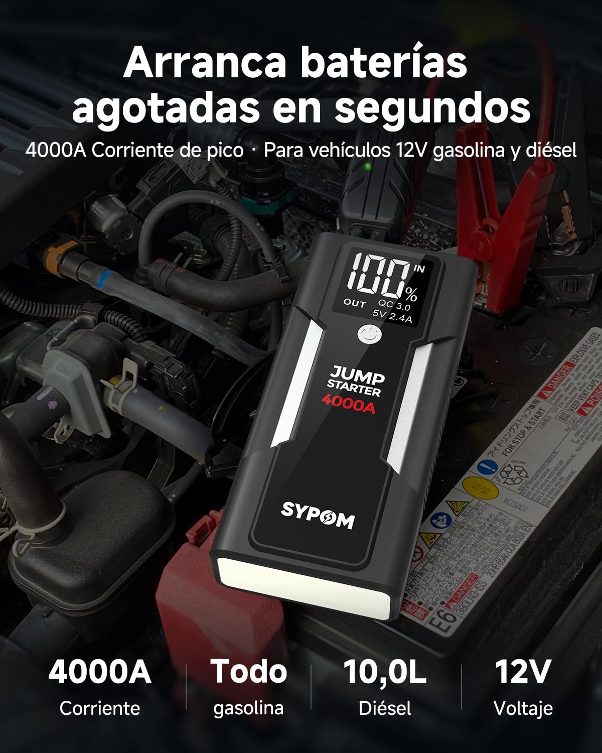 Jump Starter, 4000A Pico de Arranque de la batería del Coche Jump Starter (para Todo el Gas o hasta 10L Diesel), Portable Car Starter Battery Pack