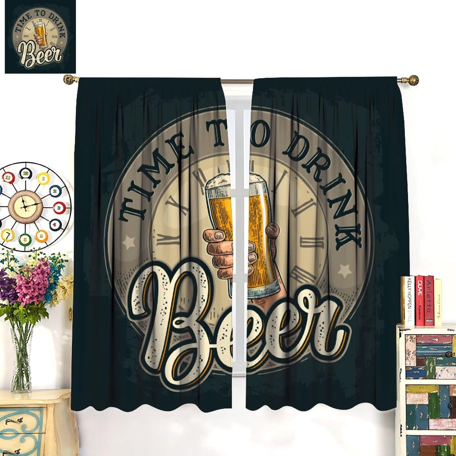 Beer Curtains, Beer Party Vintage Beer Pattern Window Treatments, Beer Store Print Blackout Drapes 2 Panel Set for Living Room Bedroom Kitchen31.5 W X 72" L
