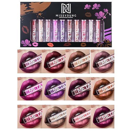 Miniatura 8 de PhantomSky Colección de 12 lápices labiales líquidos con purpurina metálica de larga duración brillo impermeable juego de lápiz labial pigmentado