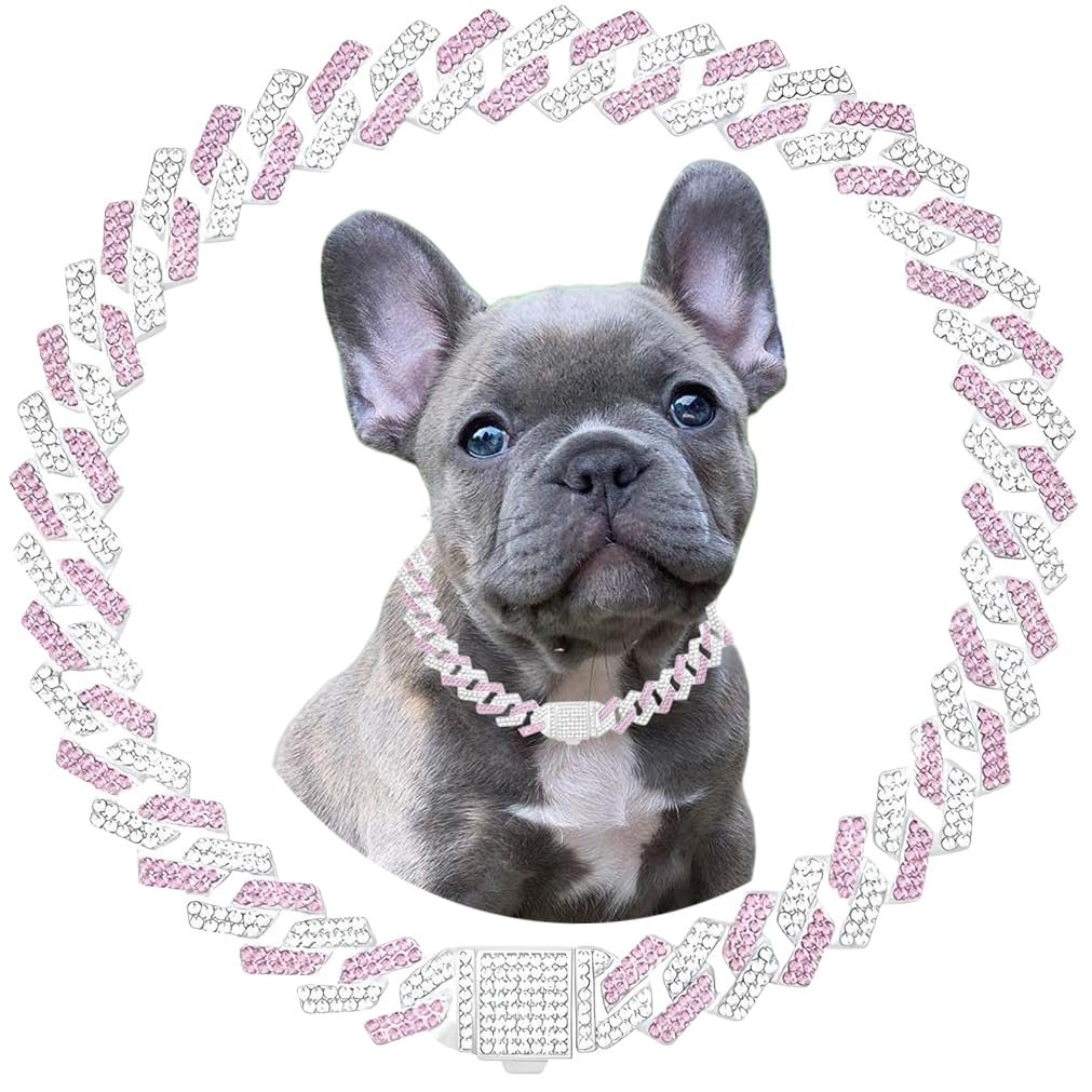 Pink Dog Chain Collars Bling Diamond Cuban Link Puppy Collar With Secure Buckle Walking Metal Chain Necklace Crystal Jewelry Cat Collars for Small Medium Large Pet Dogs Girls Female 8 Inch