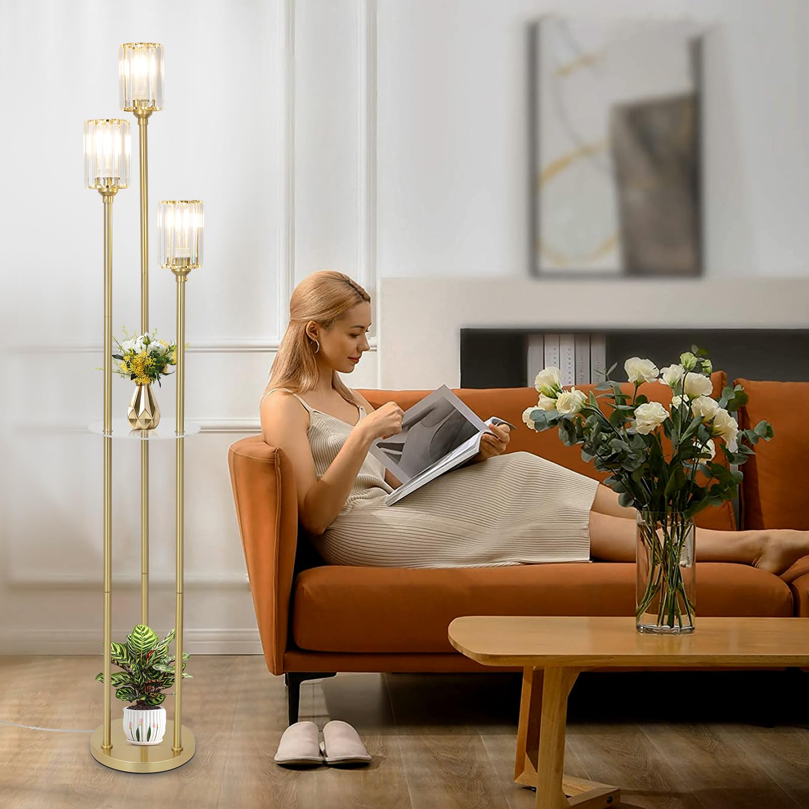 Rayofly Gold Stehlampe Wohnzimmer, Modern Stehlampe mit Regal, 3-flammige Vintage Stehleuchte mit Glas Lampenschirm & Fußschalter, Kristall Stehlampen für Schlafzimmer Büro, Glas Stehlampen Wohnzimmer