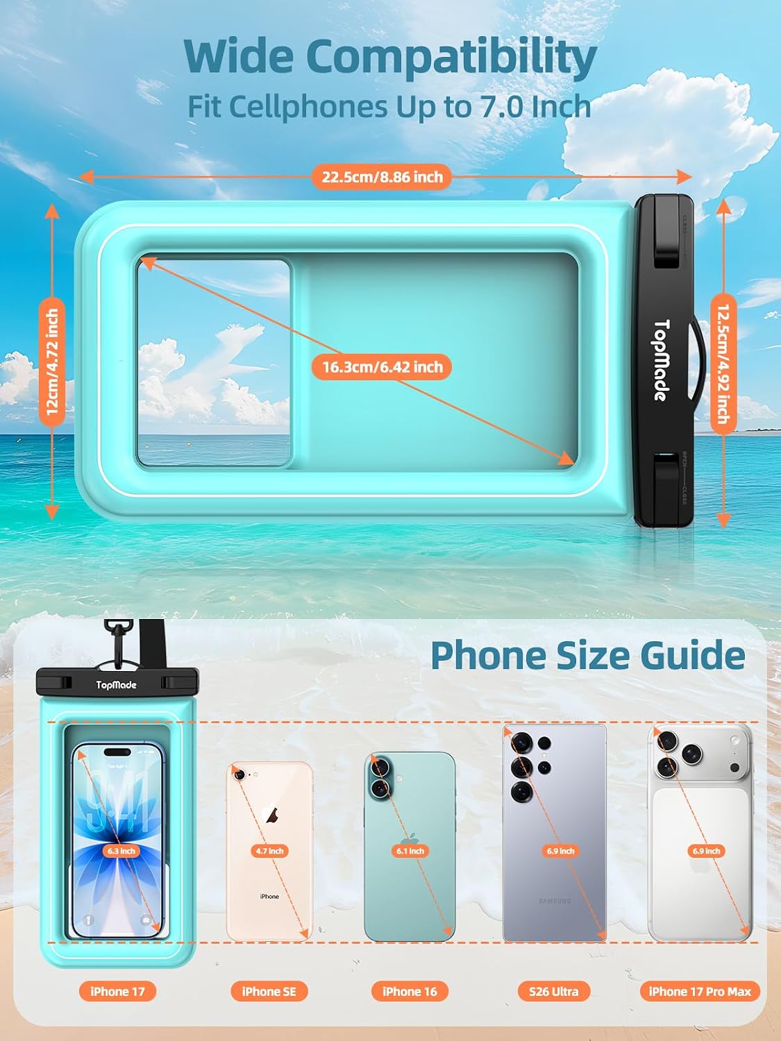 TopMade Floating Waterproof Phone Pouch 2 Pack, IP68 Waterproof Phone Case for Beach/Kayak/Cruise Travel Essentials, Cellphone Dry Bag for iPhone 17 16 15 Pro Max, Samsung S26 Ultra Up to 7.0", Green