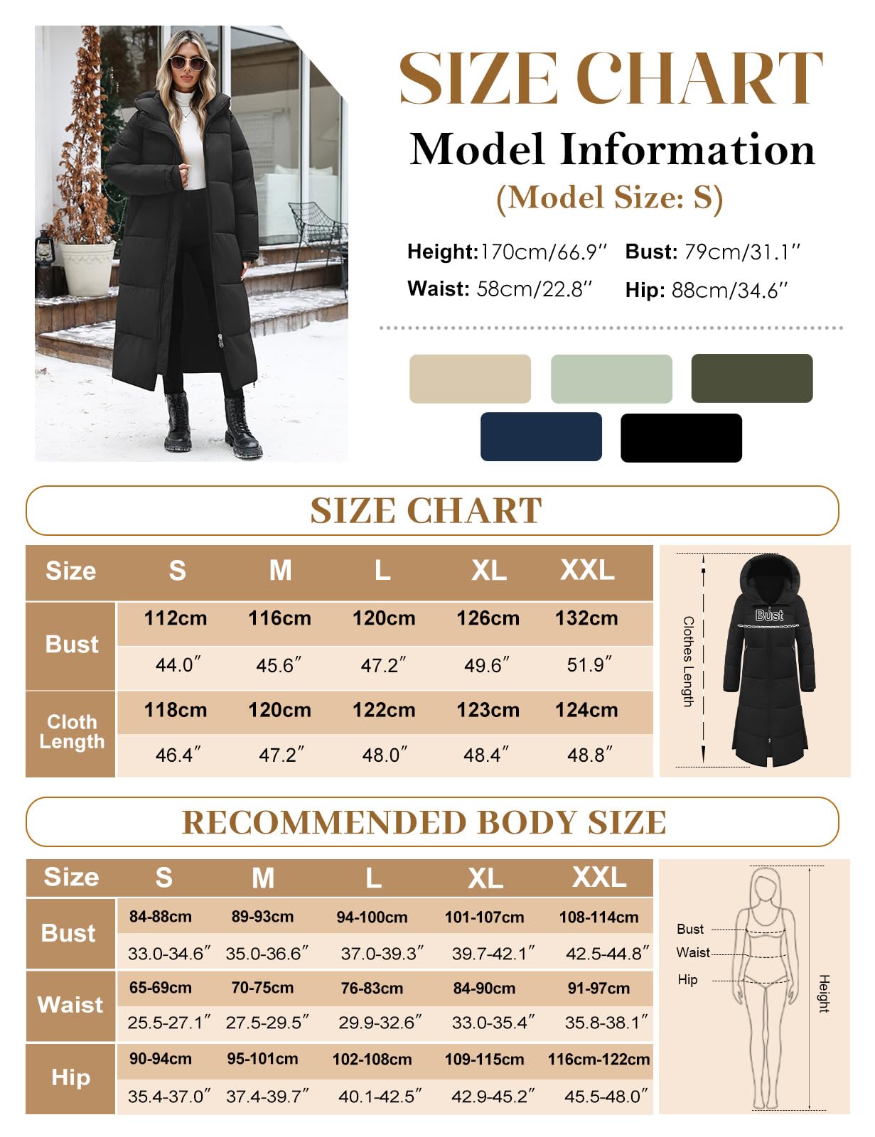 Yuson Girl Manteau Femme Hiver Longue Chaude Blouson Matelassé à Capuche Zippée Épaisse Manteaux Chic et Elegant Imperméable Veste Parka Doudoune Coupe Vent Outercoat avec Poches