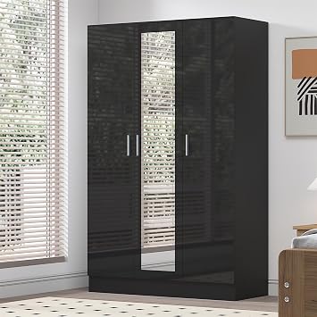 Reflect 3 Door Mirrored Wardrobe | Black Gloss & Black Oak | Bedroom Storage with Hanging Rail & 4 Shelves | H 180cm x W 113cm x D 47cm | Modern Sleek Design