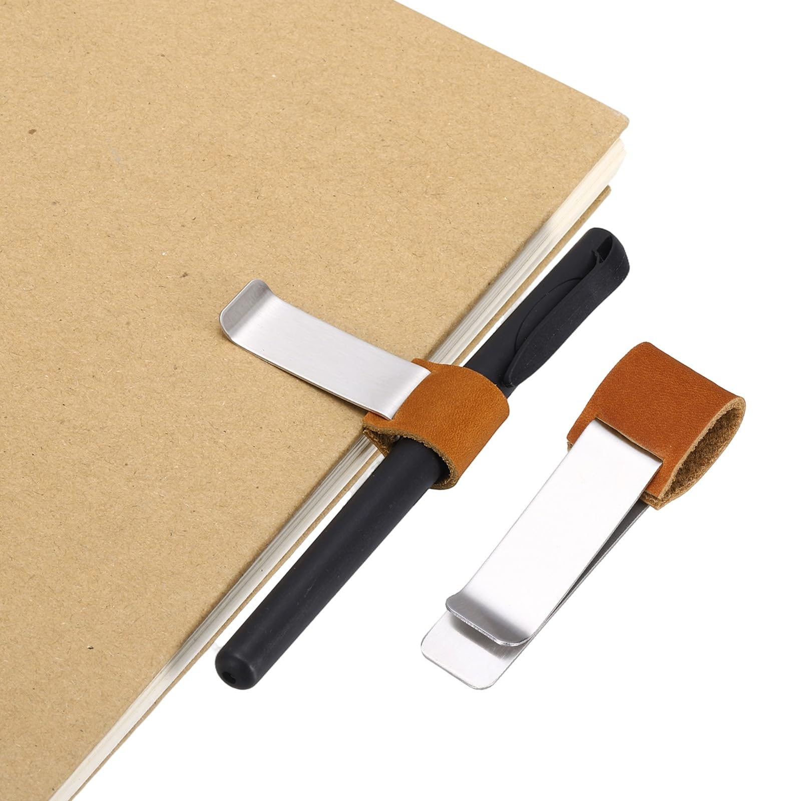PATIKIL Pen Loop for Notebook, Brass Retro Leather Pencil Holder Pen Clip for Notebook Clipboards Pocket Office Traveler Journals Planner, Dark Orange/Silver