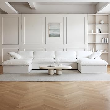 JACH U-Shaped Cloud Couches for Living Room, 6-Seats Modular Convertible Sectional Sofas, Cushion Covers Removable, Comfy Sectional Couch with Chaise Ottomans for Living Room Apartment White