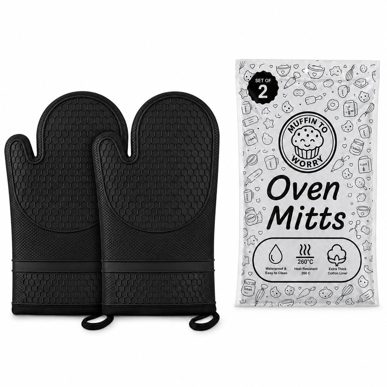 Silicone Oven Mitts Set of 2, Heat Resistant to 260°C, Non-Slip Honeycomb Grip, Waterproof Oven Gloves with Soft Cotton Lining & Hanging Loops, Black