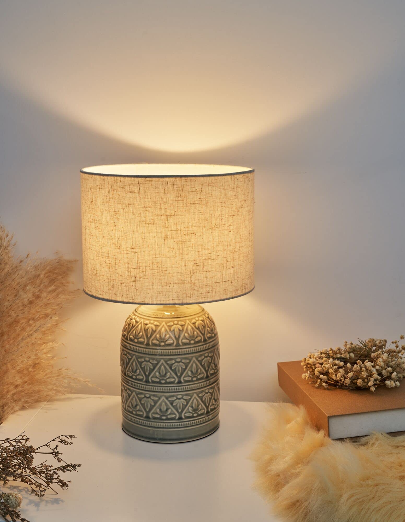 Lampa stołowa Pauleen 48223 Tender Pearl maks. 20 W wykonana ręcznie beżowy lampka nocna w stylu boho z tkaniny, ceramika E14