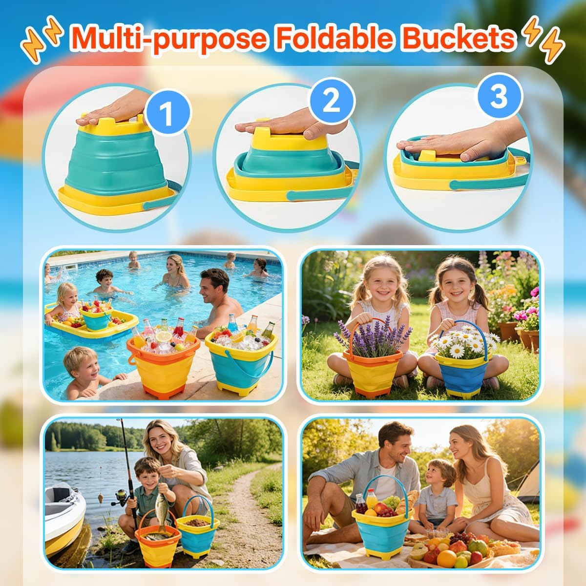 Foldable Beach Bucket and Shovel Set for Kids, 20PCS Sand Toys with Sand Molds (Castle, Dinosaur, Sea Animal) & Mesh Bag, Toddler Collapsible Outdoor Sand Toys for Beach, Sandbox, Pool, Summer Gift