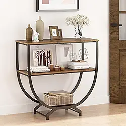 Mesas de Entrada, Mesa de Apoio Semicircular, Mesa de Canto para Sala com Prateleiras de Armazenamento, Adequado para Entradas, Corredores e Cantos de Salas de Estar, Marrom