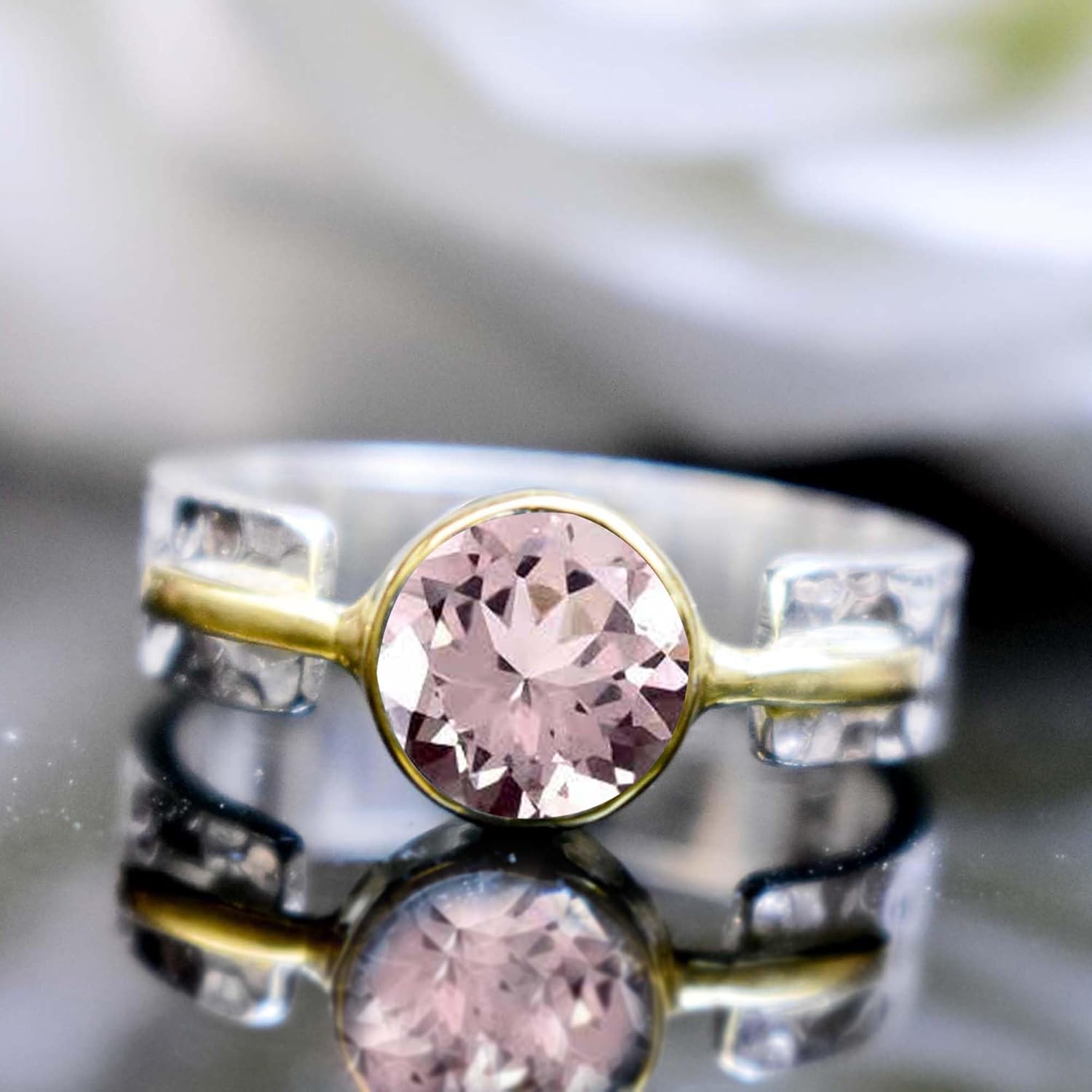 Stunning Blue Topaz Ring Solid 925 Sterling Silver Ring Textured Band Ring For Women Handmade Two Tone Gold Ring Best Gift For Round Shaped Birthstone Ring