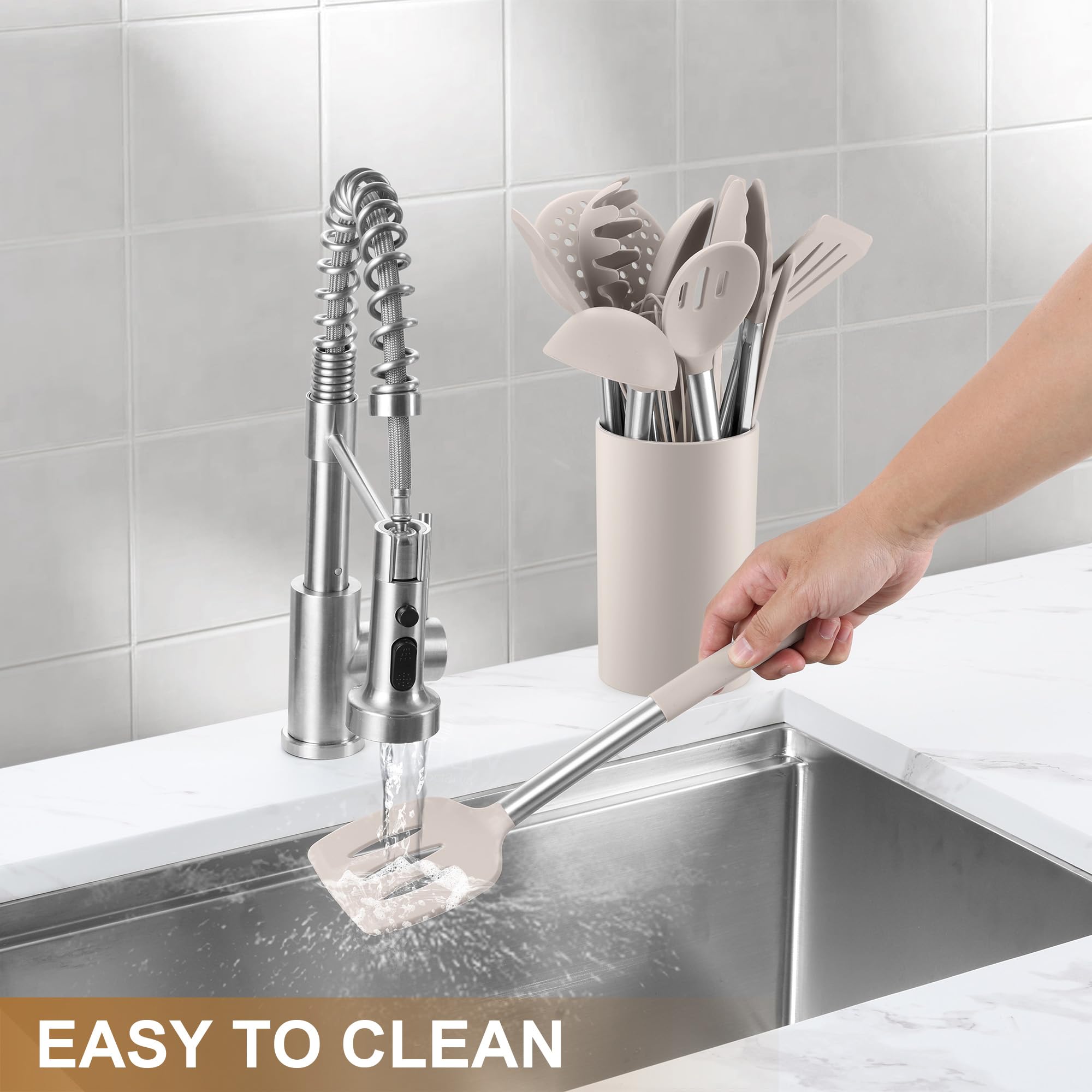 LIANYU Juego de 15 utensilios de cocina con soporte, herramientas de cocina de silicona con mango de acero inoxidable, dispositivos resistentes al calor, espátula, cuchara y batidor para utensilios de