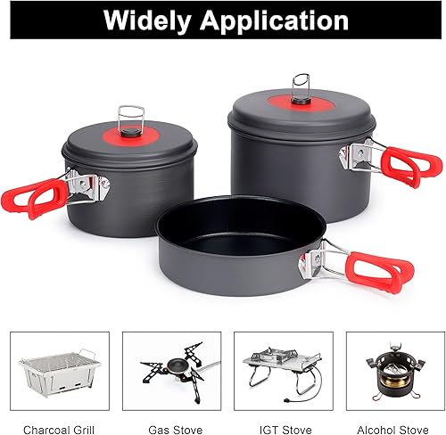 Miniatura 12 de Alocs Utensilios de cocina para camping, juego de cocina de campamento de aluminio, juego de ollas y sartenes portátiles para acampar, kit esencial