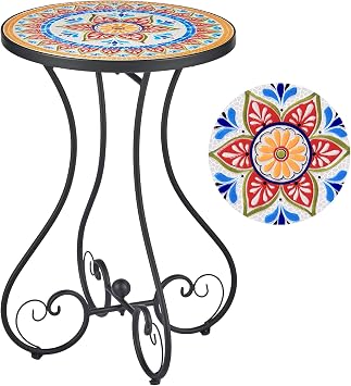 VONLUCE Round Side Table, Indoor and Outdoor Plant Stand, Small Coffee Table with 36cm Ceramic Tile Top for Patio Balcony, 53cm Tall Mosaic Garden Table, Living Room End Table or Bedside Table, Floral