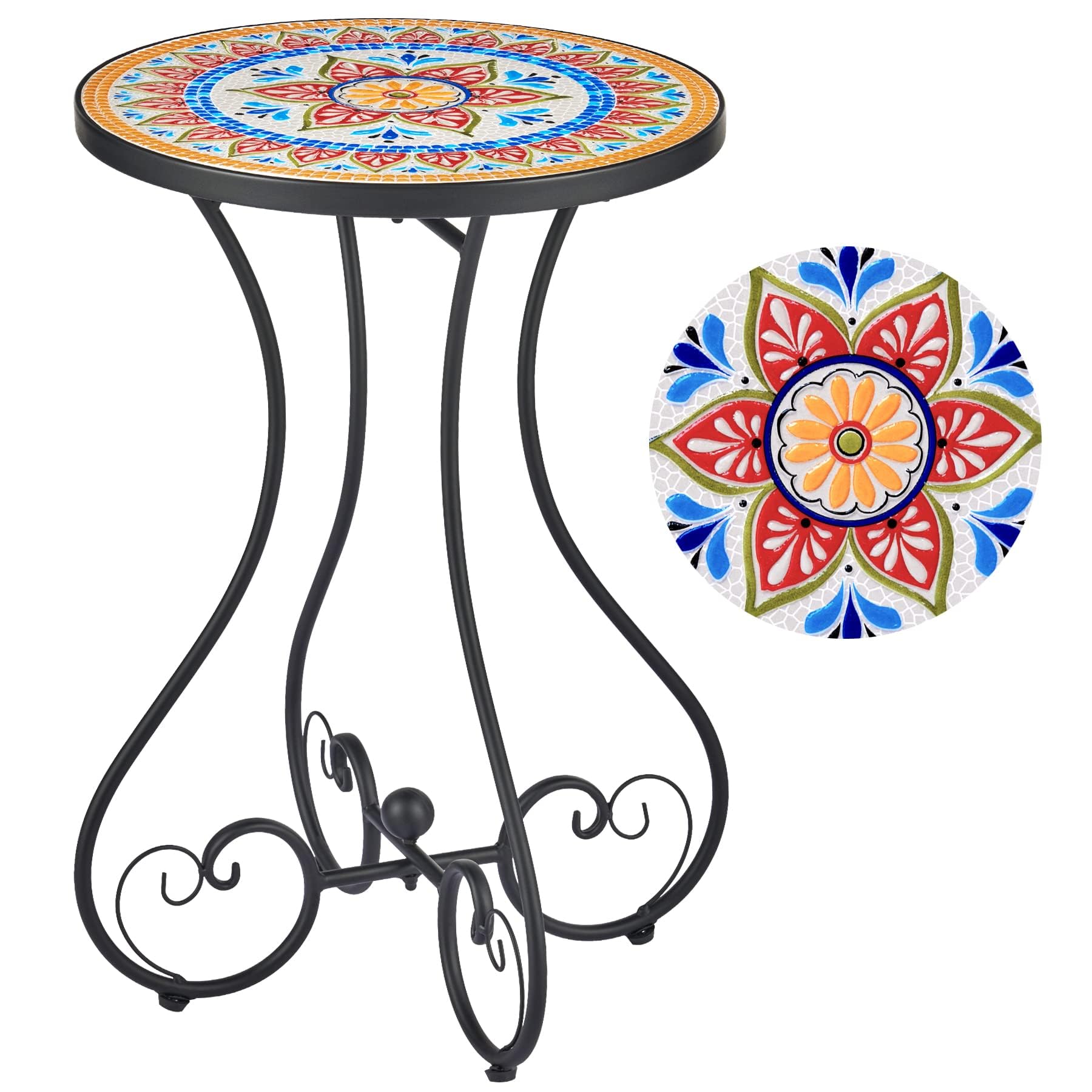 VONLUCE Round Side Table, Indoor and Outdoor Plant Stand, Small Coffee Table with 36cm Ceramic Tile Top for Patio Balcony, 53cm Tall Mosaic Garden Table, Living Room End Table or Bedside Table, Floral