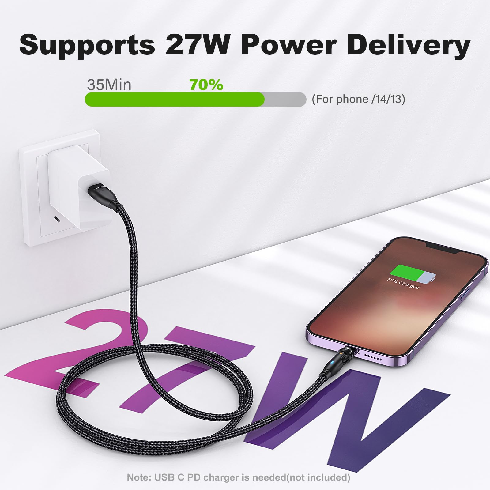 VISAGLOR Cavo di ricarica magnetico USB C da 240 W, 9 pin, 540°, 48 V/5 A, cavo di ricarica rapida, 1,8 m, 6 in 1 per tipo C/Micro USB/i prodotti/MacBook Pro