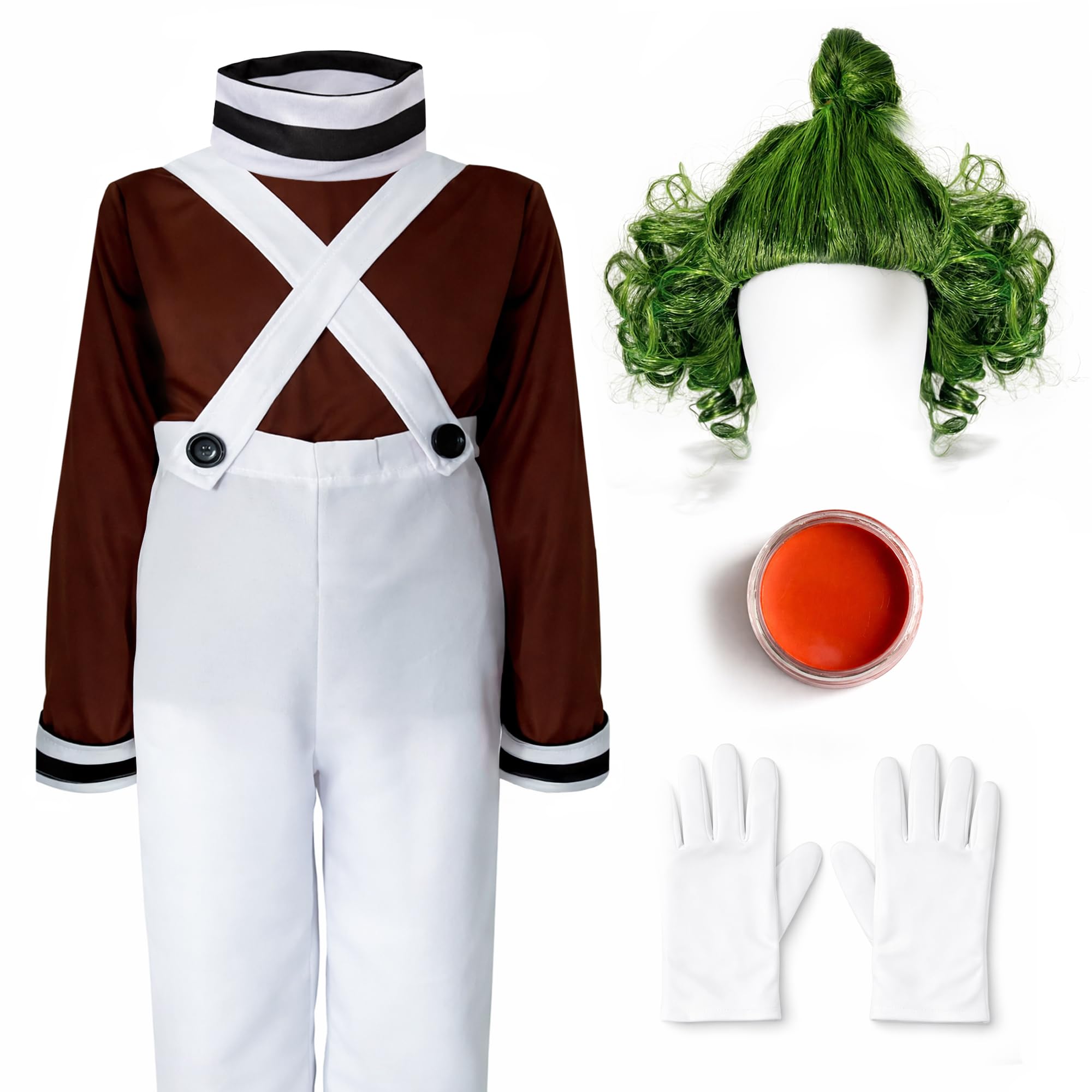 Childrens Kids Factory Worker Complete 5 Piece Set Fancy Dress Costume includes Top, Dungarees, Green Wig