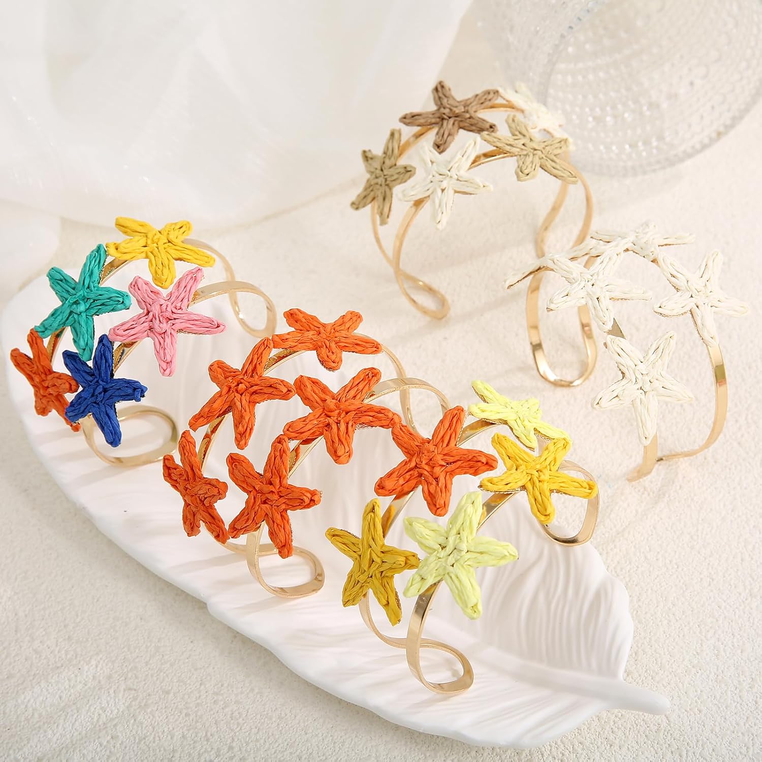 Handmade Raffia Starfish Cuff Bracelet for Women - Colorful Adjustable Wide Open Bangle, Statement Tropical Beach Jewelry - Image 6