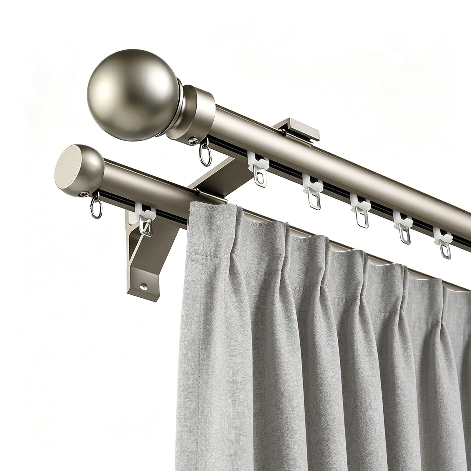 Jixcjhj Gray Double Curtain Track For Windows, Wall Mounted Silent Heavy-Duty Aluminum Curtain Rail Rod Decorative Round Finials For Living Room, Bedroom, Office(,1M/3.3Ft)