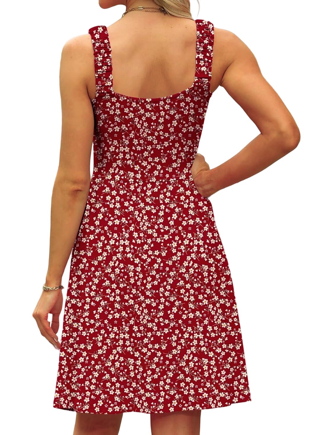 Oyamiki Robe d'été pour femme, longueur genou, sans manches, motif floral, taille haute, ligne A, avec encolure carrée, robe de plage décontractée, robe midi florale