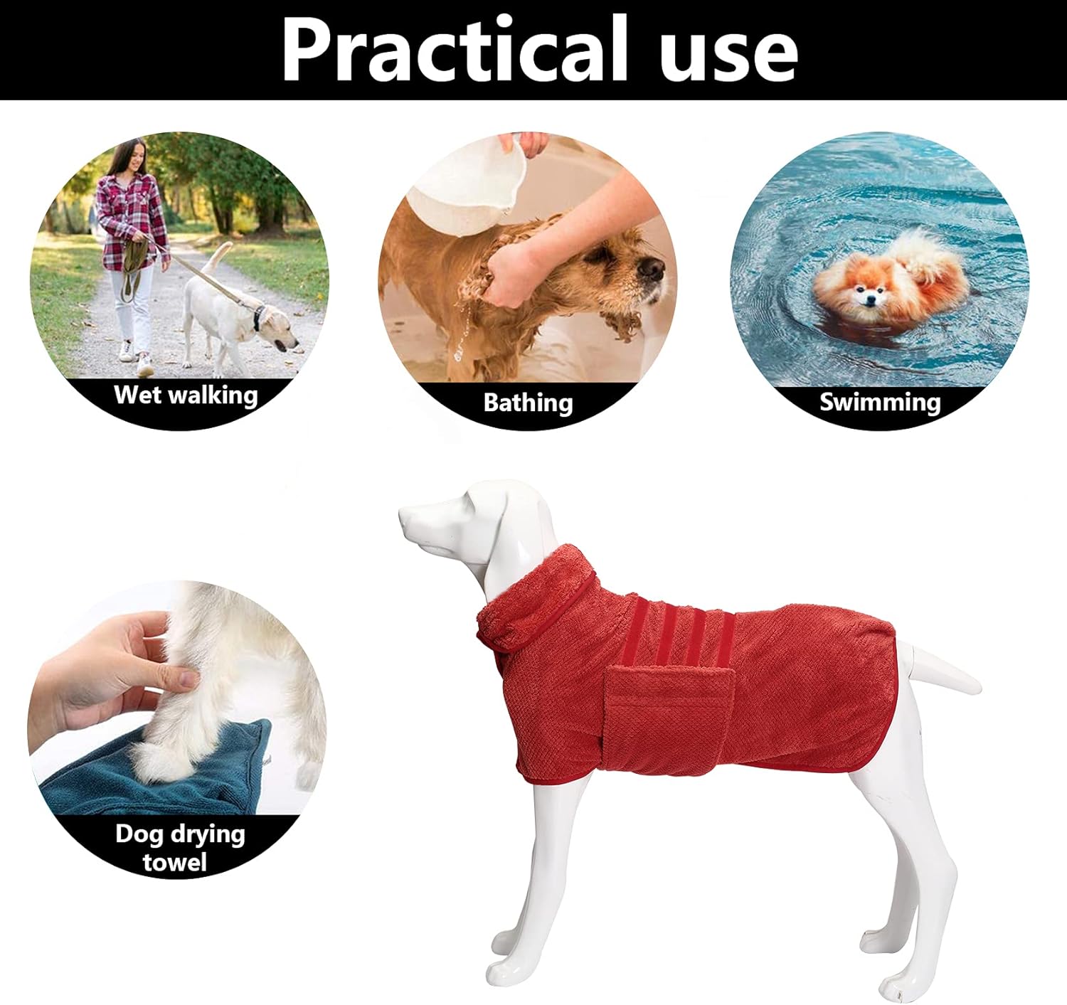 Geyecete Pineapple Grid Fast Drying Super Absorbent Dog Cat Bath Robe Towel - Red, XL