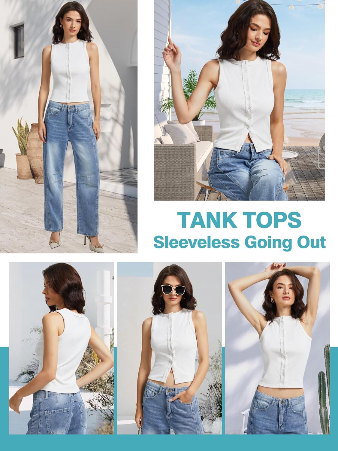 Women’s Button Down Tank Tops Sleeveless Ribbed Crop Summer Button Up Crewneck Vest Shirt Going Out Slim Fit Tops - Image 2