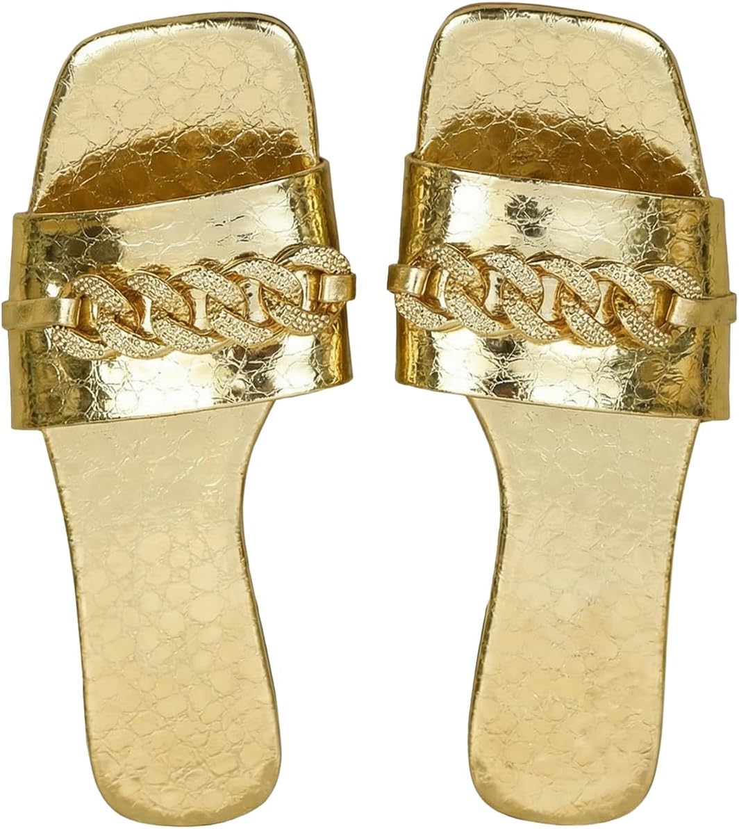 GORGLITTER Women's Gold Chain Flat Sandals Metallic Dressy Square Open Toe Flat Sandals Slip on Slides