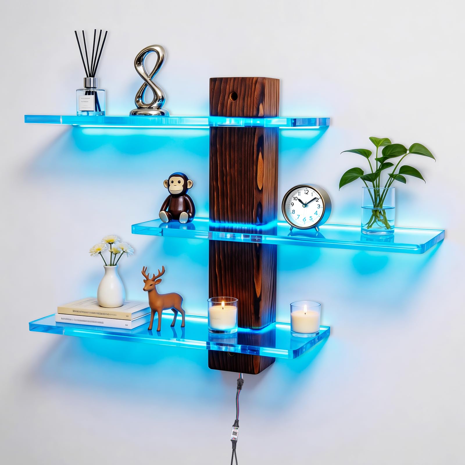 3-stöckiges Acryl-Wandregal mit RGB-Lichtern, LED-Vitrine für Sammlerstücke, Puppen, Bausteine, Parfums, kleine Pflanzen