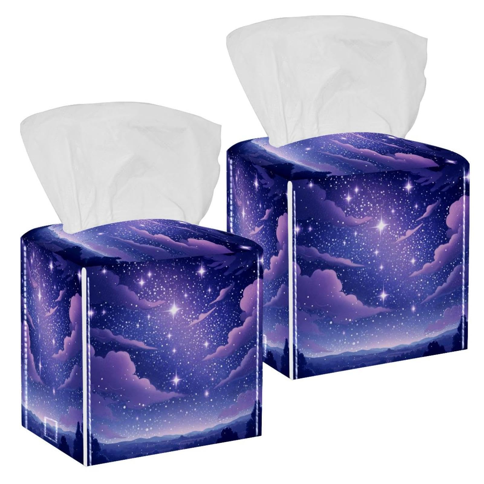 Purple Starry Sky Tissue Box Cover, 2 Pack PU Leather Square Facial Tissue Dispenser Box holder for Home Office Car
