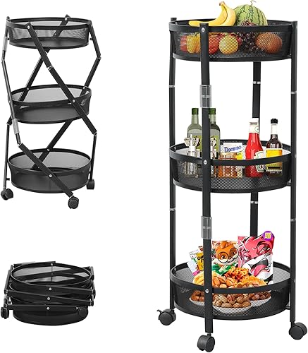 Carrito utilitario rodante de 3 niveles, carrito plegable de almacenamiento de metal con ruedas con cerradura, no requiere montaje, versátil carrito