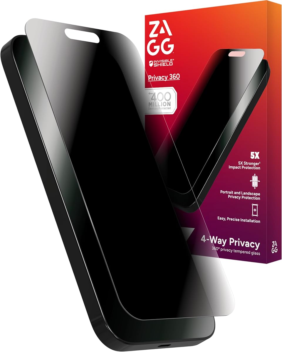 Protector de pantalla ZAGG Glass Elite Privacy 360 para iPhone 16 Pro Max: privacidad en 4 direcciones, vidrio templado ultrafuerte, 5 veces más fuerte, resistente a las manchas, fácil instalación, contenido reciclado