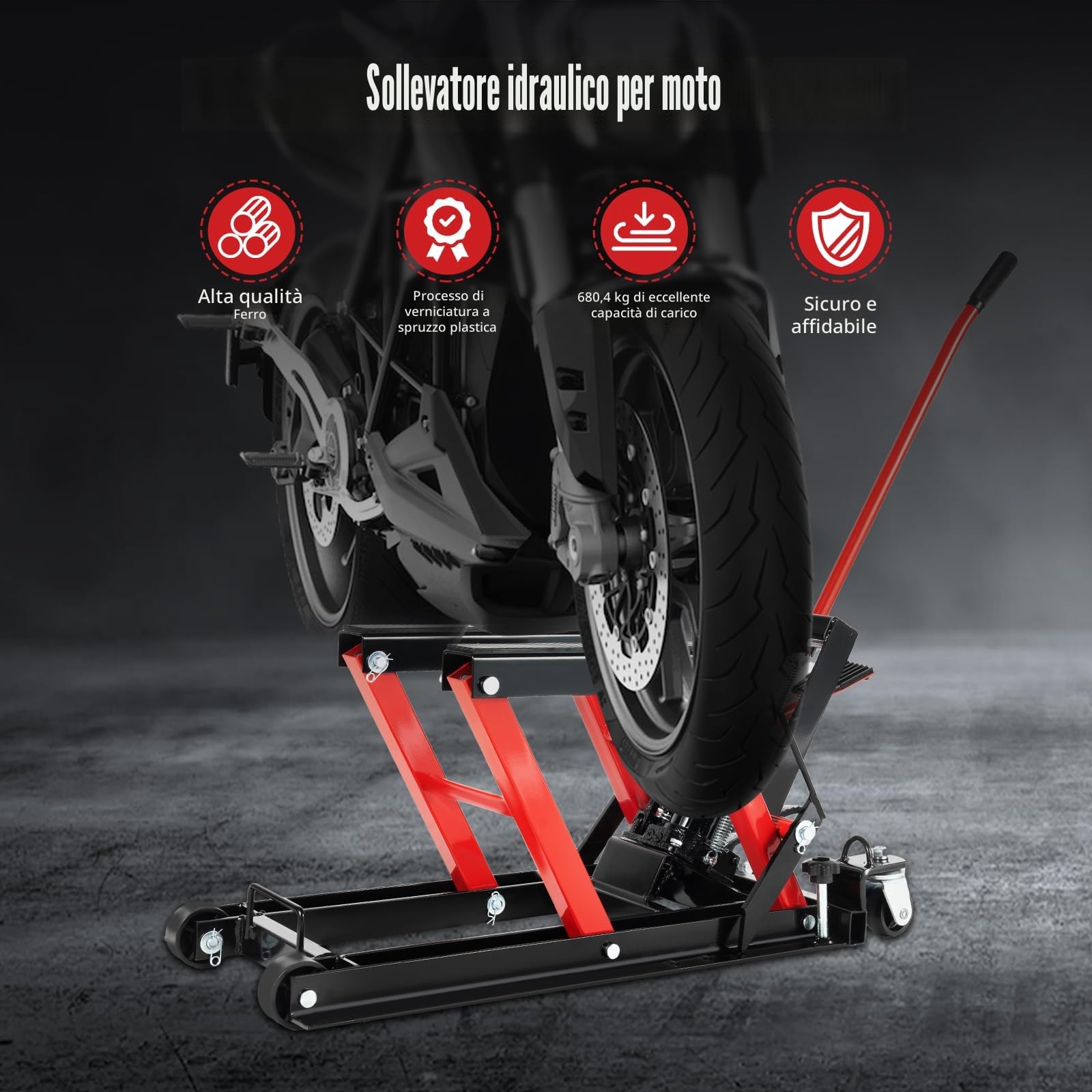 Sollevatore idraulico per moto 680 kg carico staffa regolabile 115-365 mm