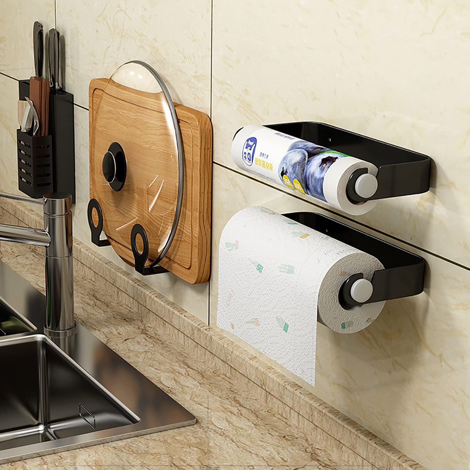 Porta Asciugamani Di Carta Con 2 Ganci - Montaggio Adesivo O A Vite, Funzione Anti-Srotolamento, Per Cucina O Bagno - Foto 4