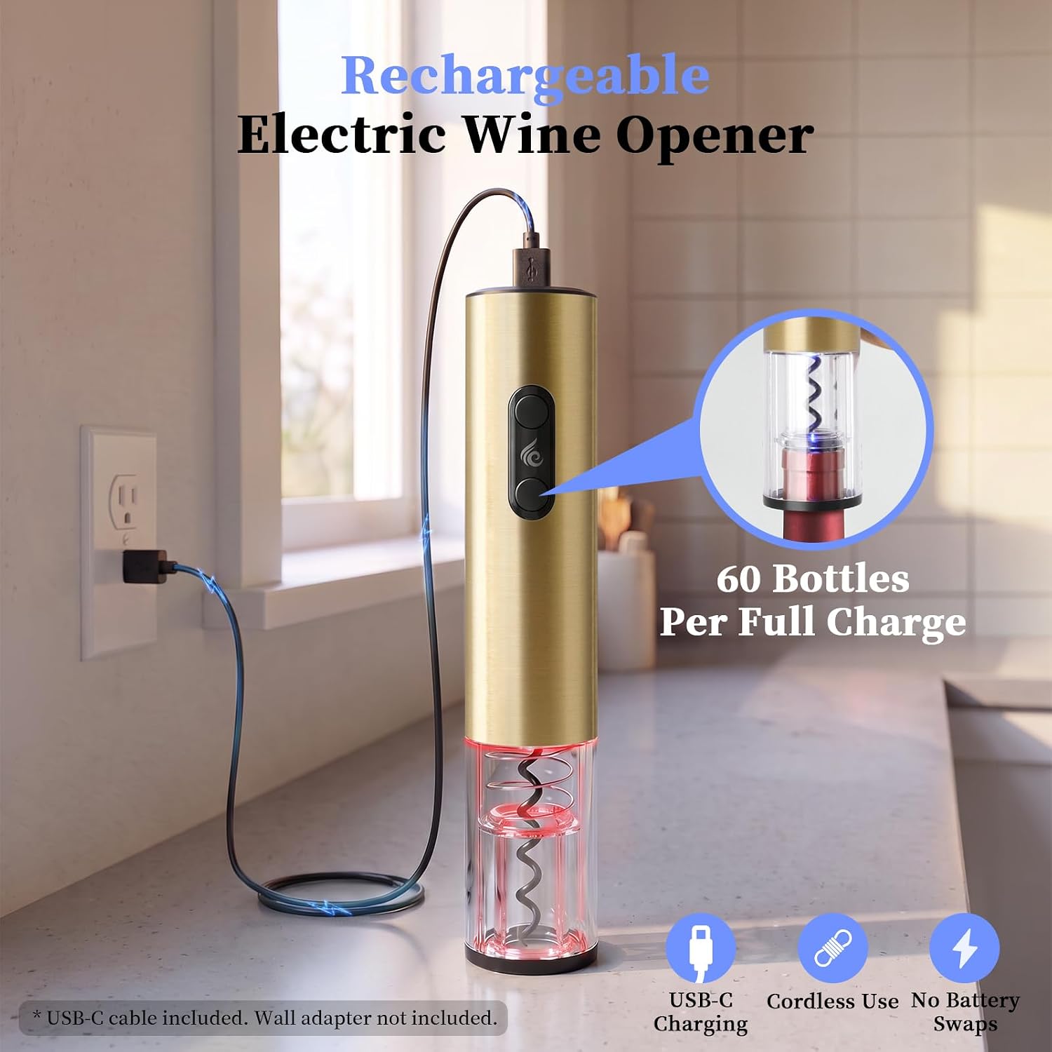 Electric Wine Opener with Foil Cutter, Automatic Wine Bottle Corkscrew Opener, USB Rechargeable, Open 60 Bottles/Full Charged, Stainless Steel Body, Gold