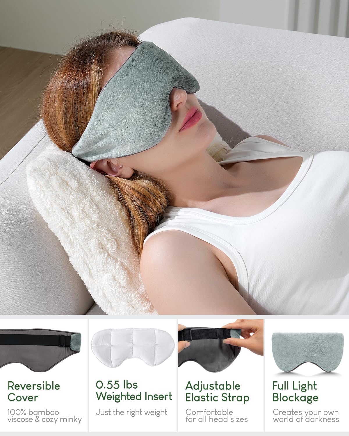 Sivio Weighted Eye Mask for Women & Men, Heatable and Freezeable Weighted Eye Pillow with Silica Beads & Adjustable Strap, Soft Breathable Cotton Eye Cover for Sleeping Faster and Better Grey