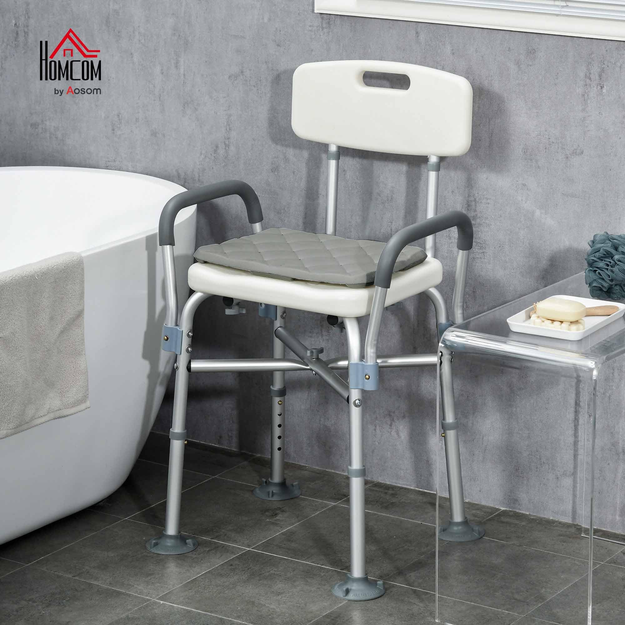 HOMCOM Silla Ducha Personas Mayores con Respaldo Antideslizante 136 kg | Silla de Ducha, Reposabrazos, Altura Ajustable, Cojín Acolchado Extraíble, para Ancianos y Discapacitados