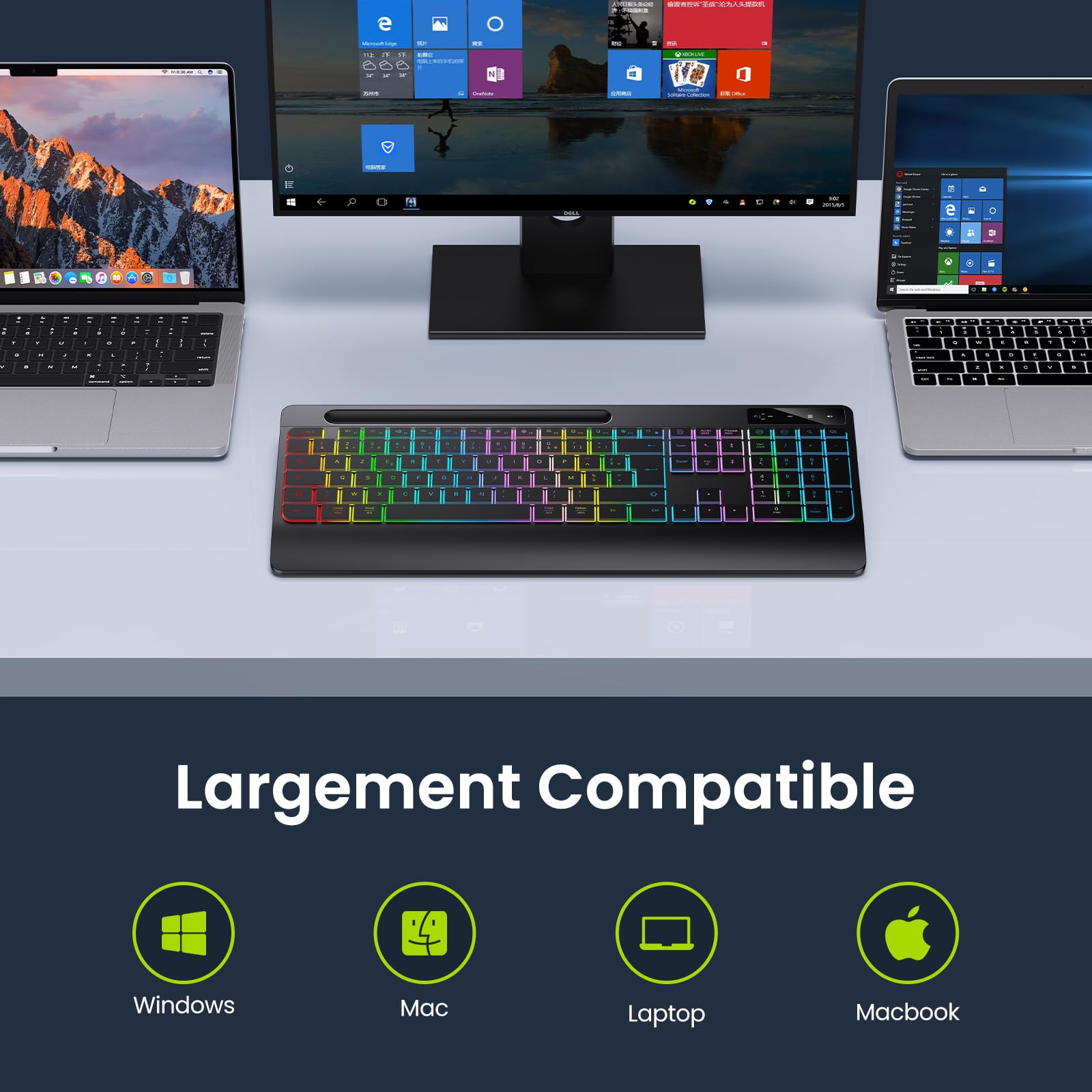TECURS Tastiera senza fili Retroilluminazione - Tastiera Gamer Poggia Polso Supporto Telefono, Tastiera Computer 2.4G Ergonomico Ricaricabile Silenzioso Tastiera per Windows Mac PC