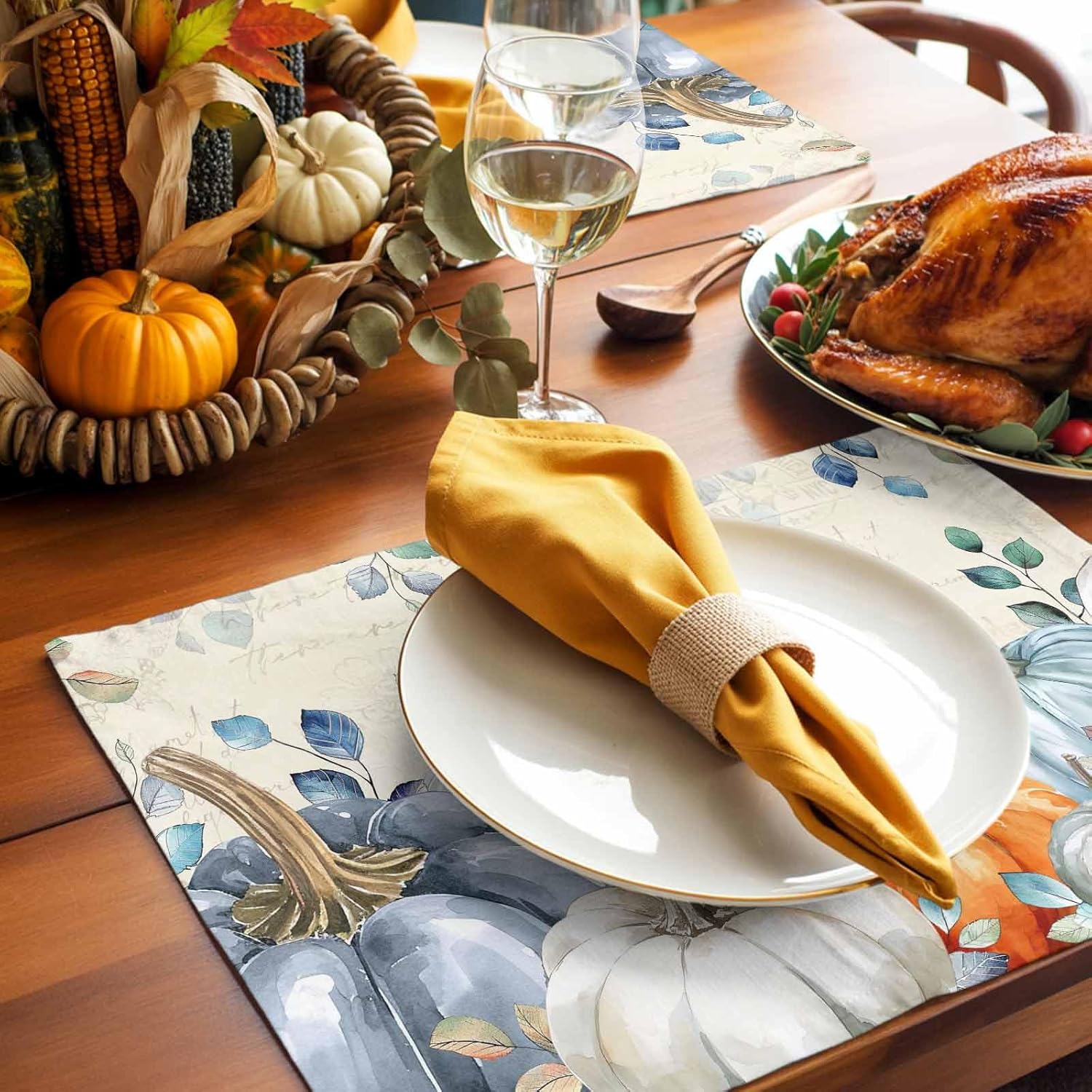 Fall Placemats Set of 6, Blue Pumpkin Placemat for Dining Table Decorations, Cotton Linen Autumn Place Mats, Teal Leaves Table Mats for Kitchen Dinner Harvest Thanksgiving Holiday Party Decor