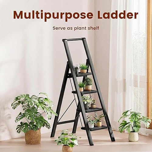 Miniatura 8 de GameGem Escalera Plegable de Hierro de 4 Escalones Taburete Escalón con Antideslizante y Pedal Ancho para Uso en el Hogar y la Cocina Ahorro de Negro