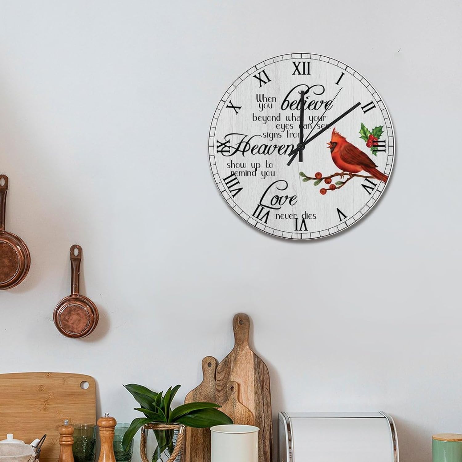 Cardinal Red Birds Wall Clock Love Never Dies 15 Inch Round Wall Clocks Battery Operated Silent Christmas Wall Decor Home Decor for Living Room Kitchen Bedroom Office