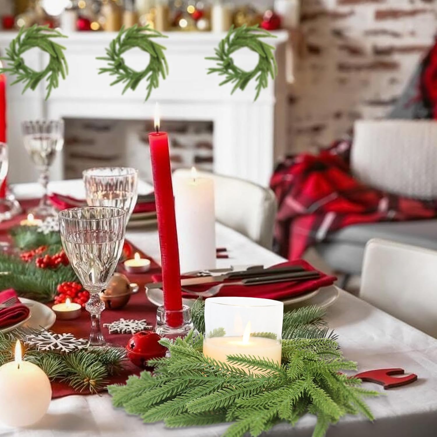 2 Pcs Norfolk Pine Wreath Candle Ring Christmas Artificial Green Pine Wreath Ornament for Christmas Farmhouse Table Decoration Xmas Table Centerpiece