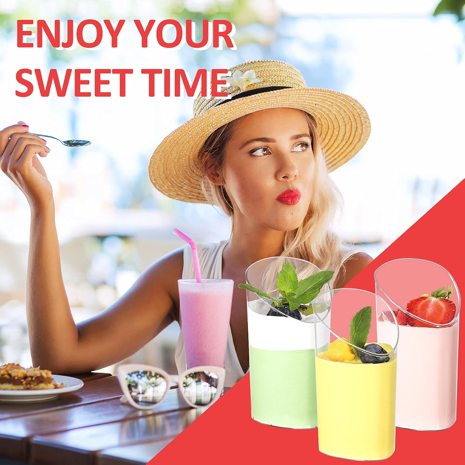 Eupako 3 oz 30 Pack Small Plastic Dessert Cups, Clear Plastic Tumbler Cups, Slanted Appetizer Cup, Great for Desserts, Puddings, Mousse, Jello Shots