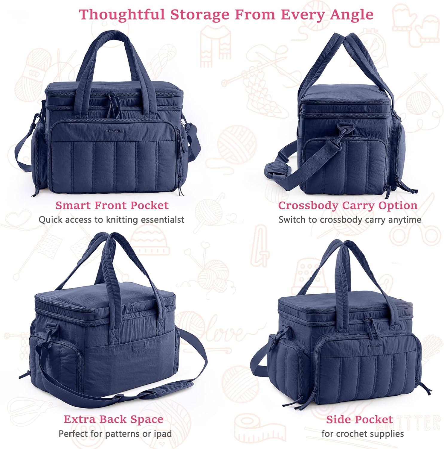 MYBAGZING Large Knitting & Crochet Bag Organizer for Yarn Storage, Double-Layer Knitting Project Bag with 6 Grommets, Yarn Organizer Tote for Knitting Supplies Crochet Hooks & Accessories Gift for Mom