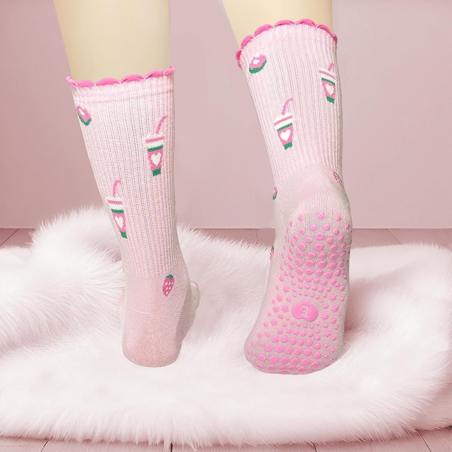 Pilates Crew Socks for Women Ruffle Grip Yoga Barre Cute Non Slip Sticky Workout Dance Sock - Image 3